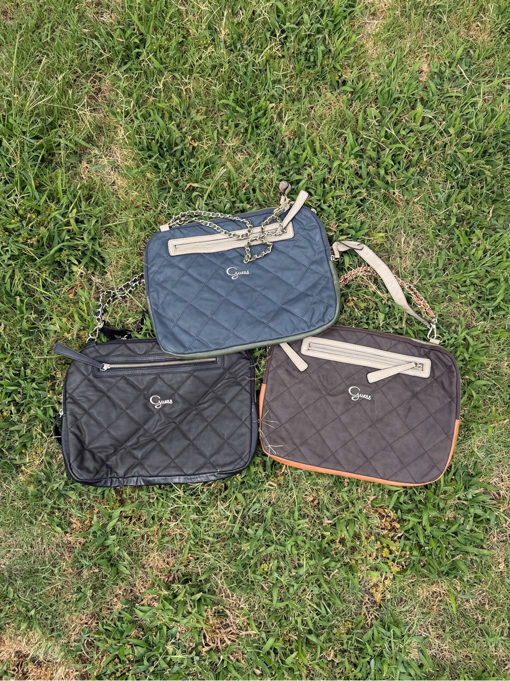 Guess Quilted Crossbody Trio in Blue, Black & Brown